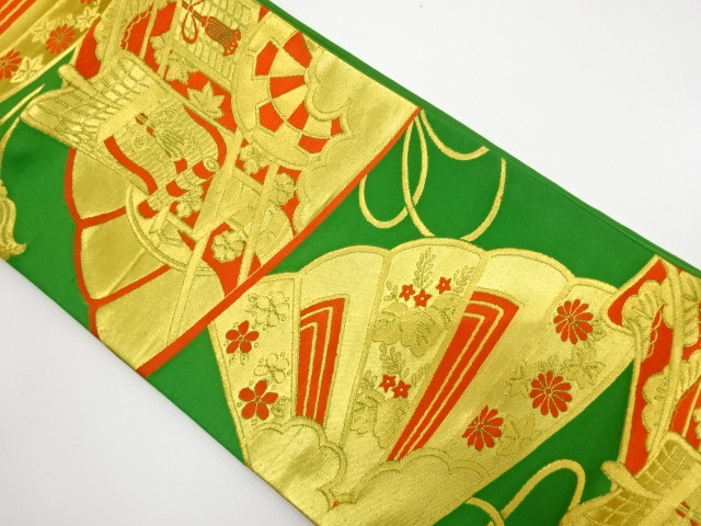 JAPANESE KIMONO / ANTIQUE FUKURO OBI / SILK / WOVEN FAN & CARRIAGE